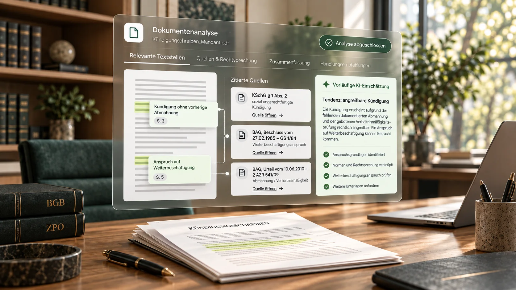 Dokumentenanalyse in LegalWinner über einer Akte auf dem Schreibtisch einer Kanzlei: markierte Textstellen, zitierte Quellen und vorläufige KI-Einschätzung